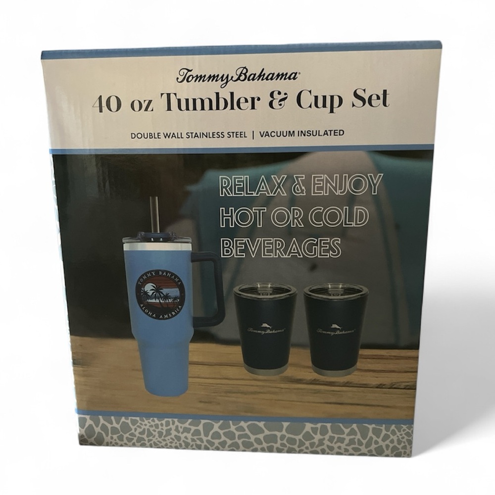 NIB Tommy Bahama Blue 40 oz Tumbler & Cup Set double wall stainless steel